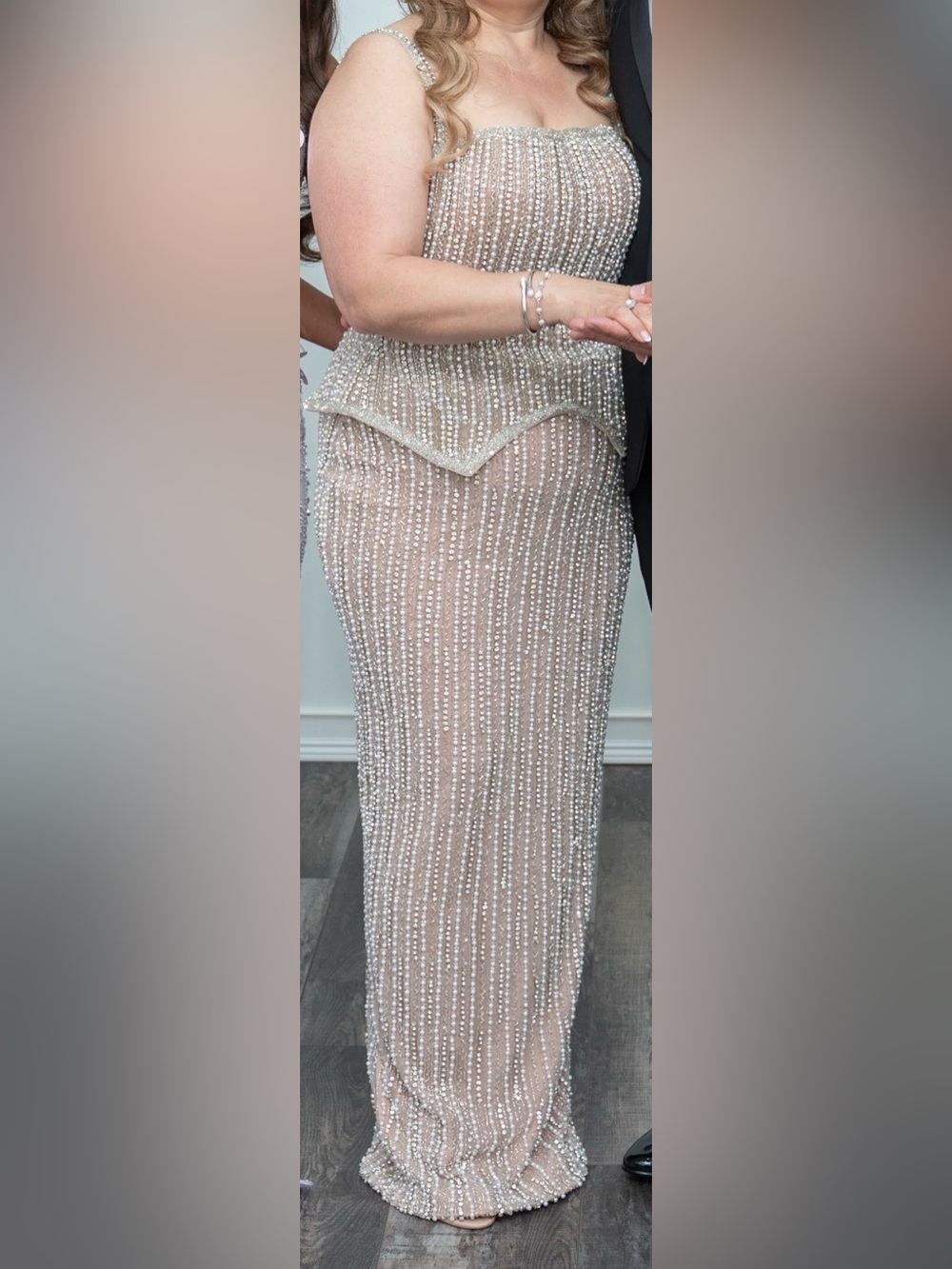 Embellished Nude Maxi Pearl Beaded Dress